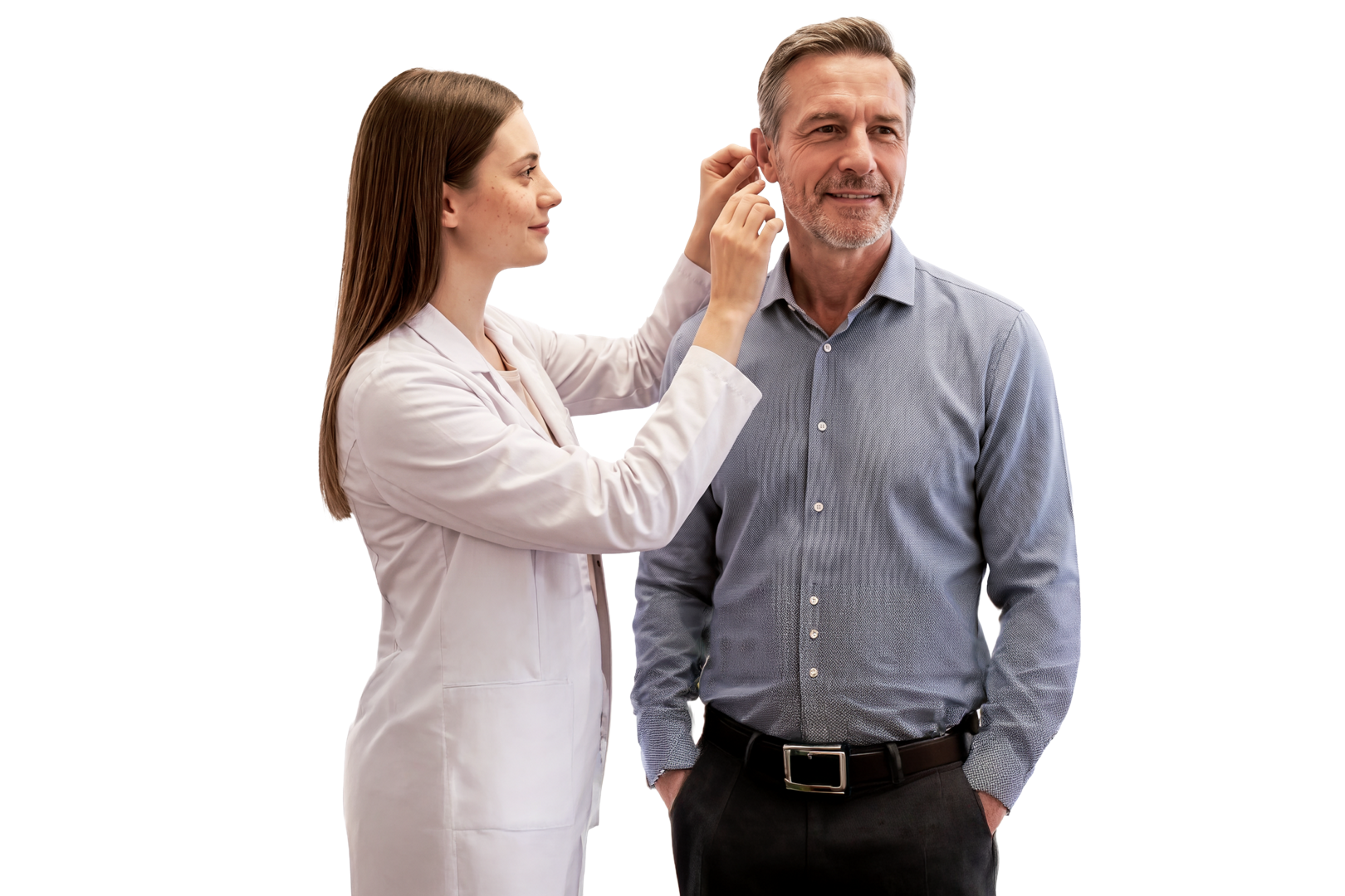 Woman assisting older man with hearing aid