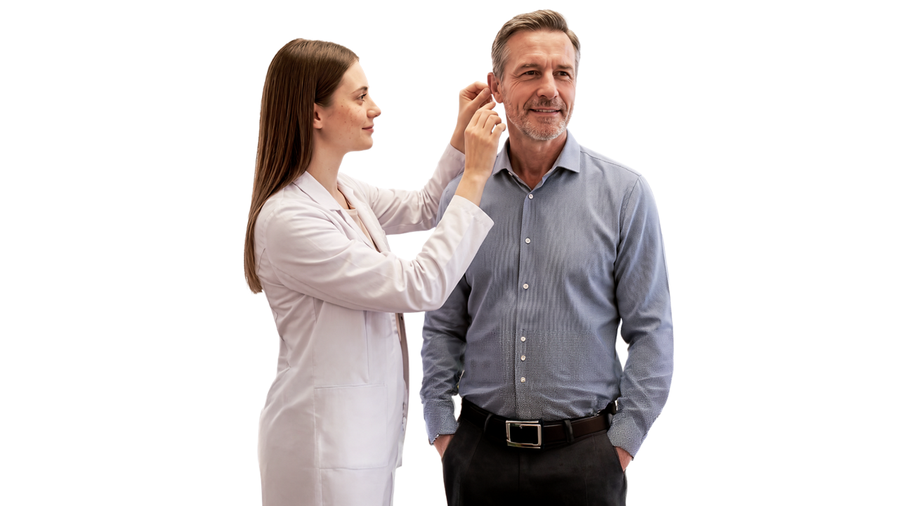 Woman assisting older man with hearing aid