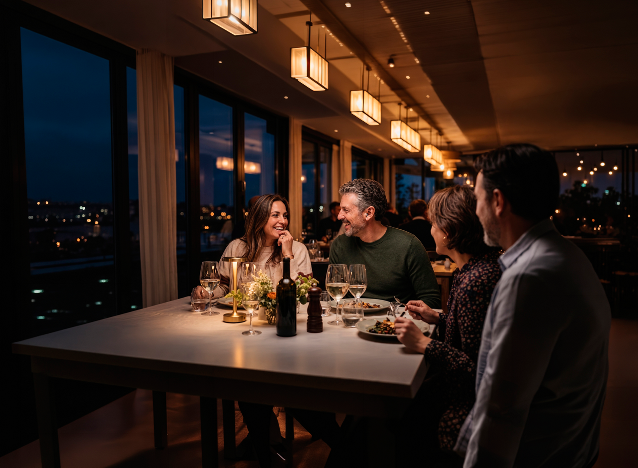 Friends enjoying dinner in modern restaurant