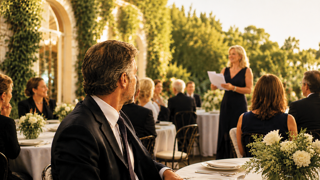 Outdoor formal dinner with woman giving speech