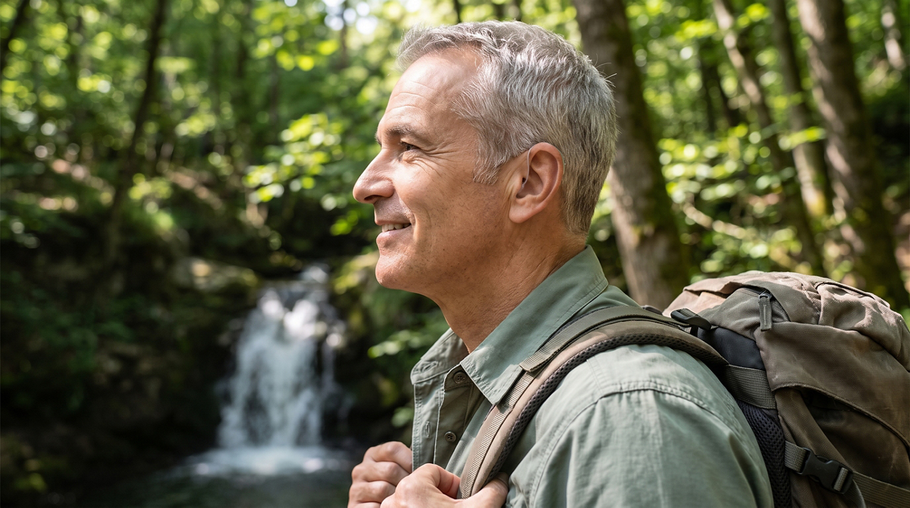 Smiling mature hiker near forest waterfall