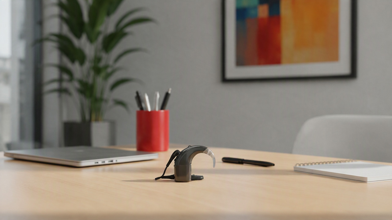 Modern hearing aid on tidy office desk