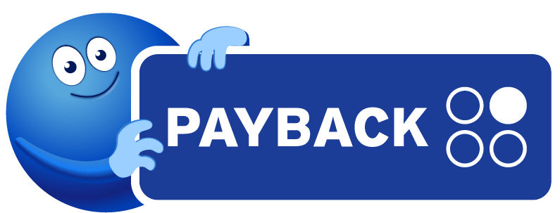 Blue cartoon character holding PAYBACK sign