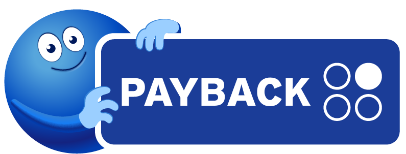Blue cartoon character holding PAYBACK sign