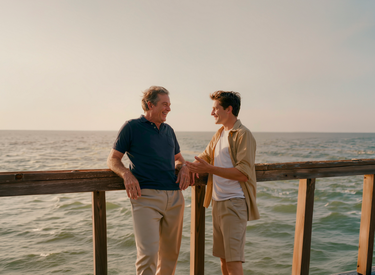 Father and son talking on seaside pier
