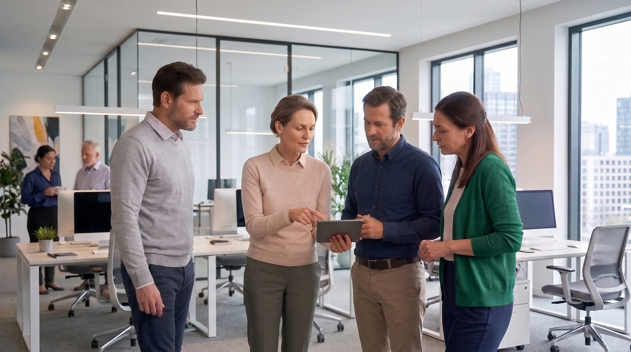 Colleagues collaborating around digital tablet in office