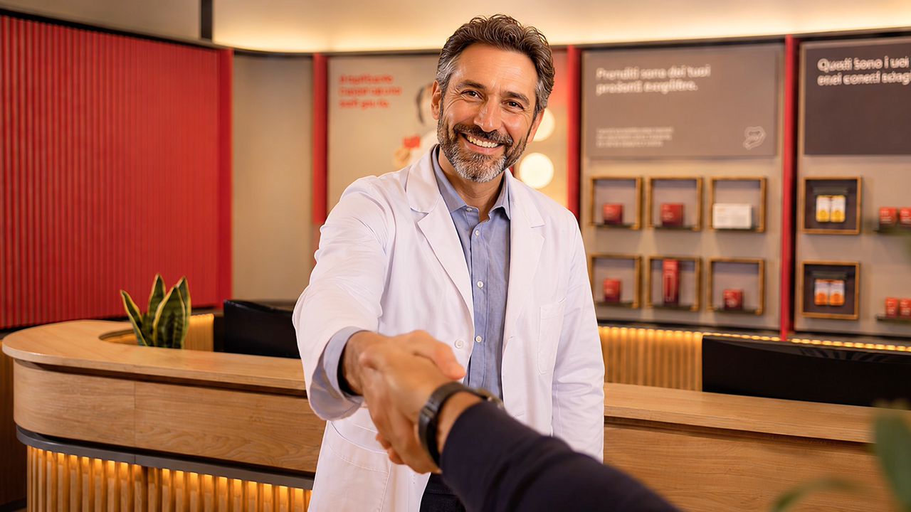 Smiling pharmacist greeting customer with handshake