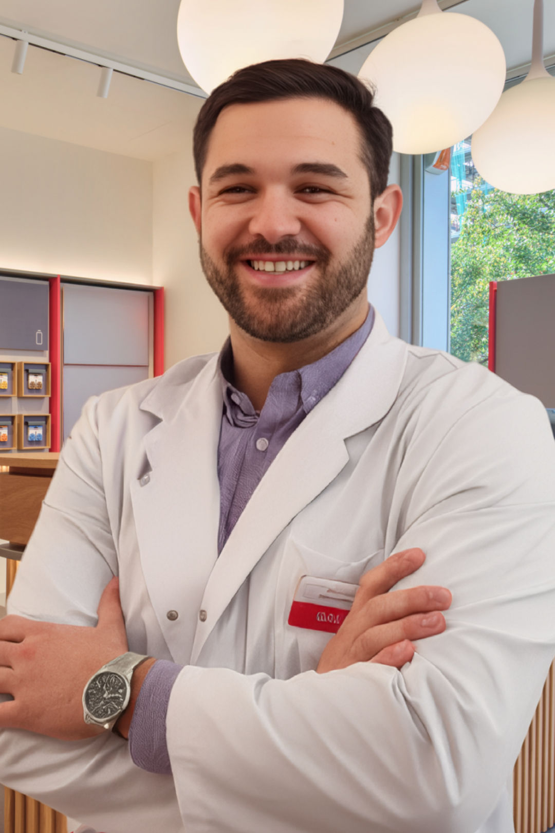 Smiling professional in modern consultation space