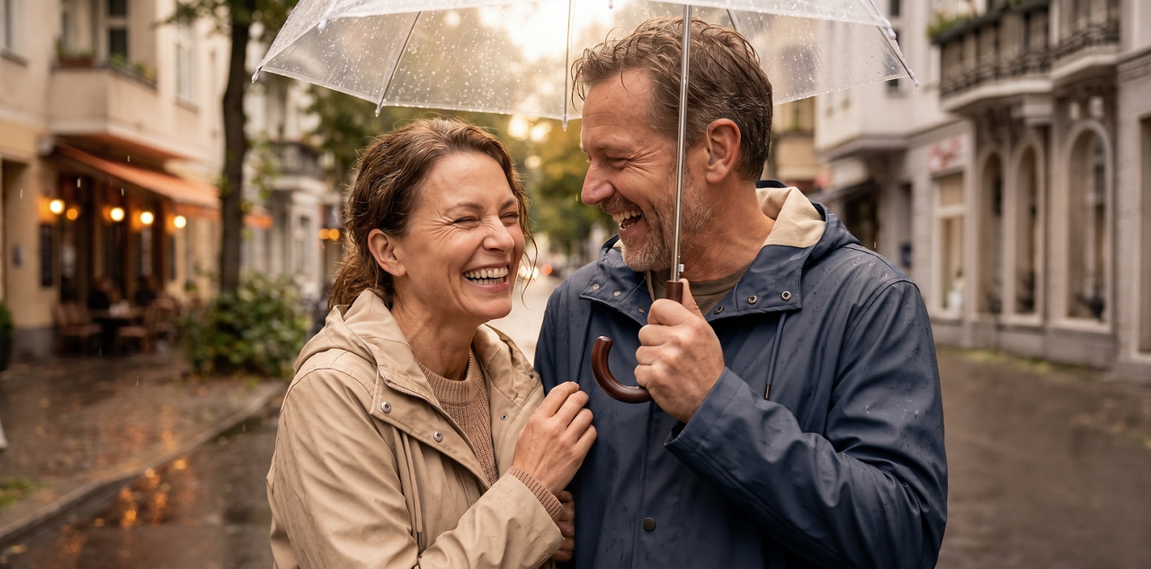 Happy middle-aged couple walking in rain
