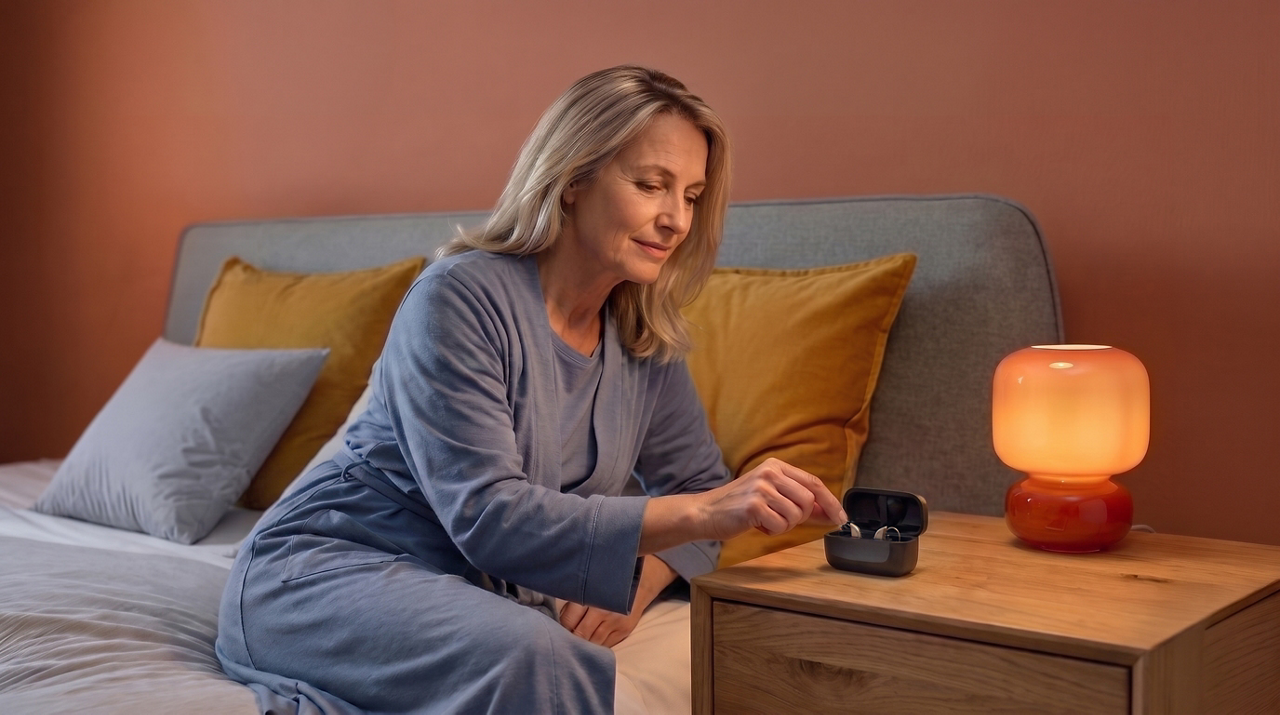 Woman placing hearing aids in bedside charger