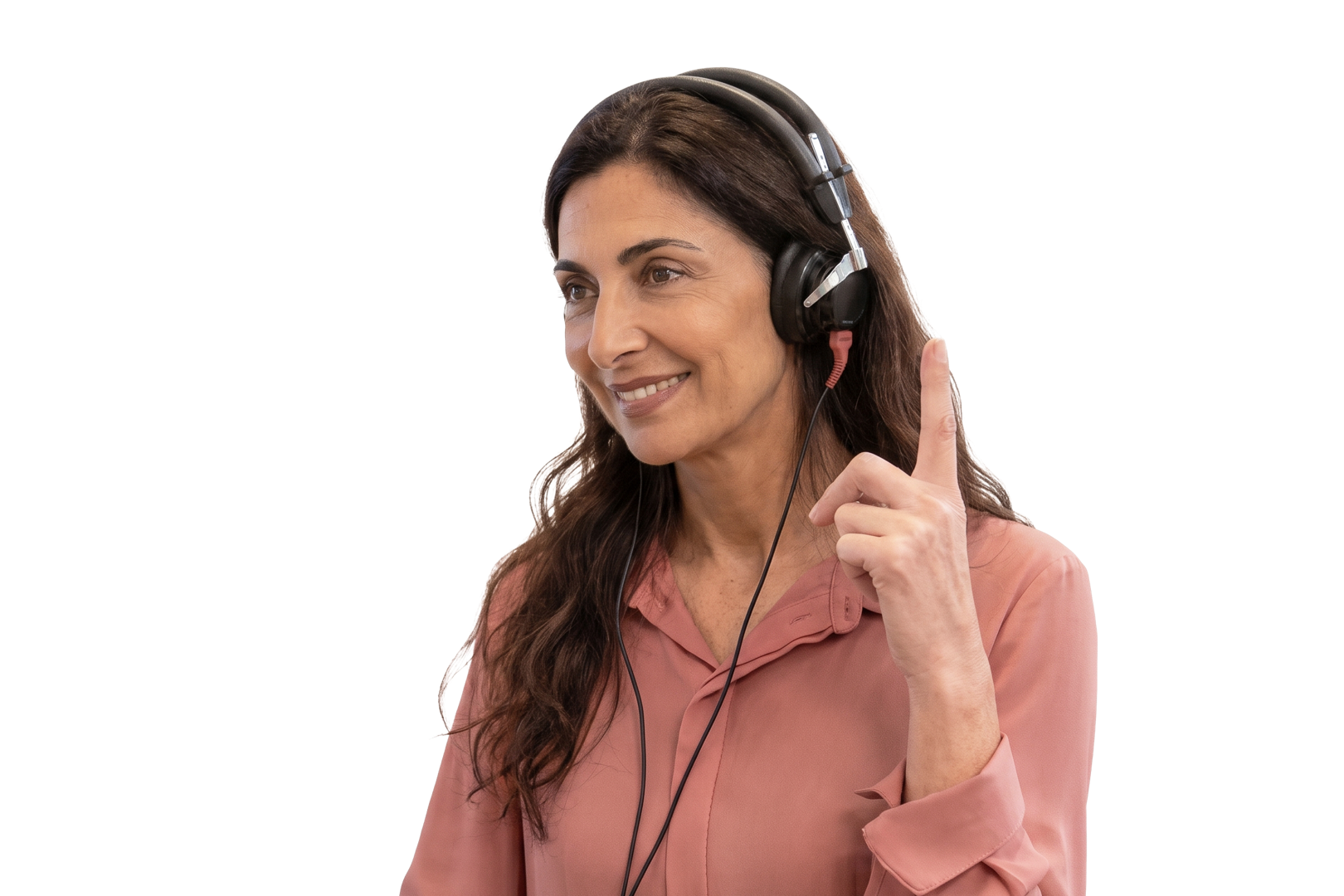 Smiling woman with headset gesturing up