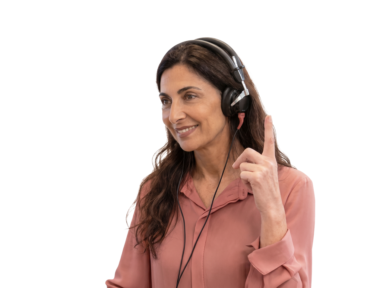 Smiling woman with headset gesturing up