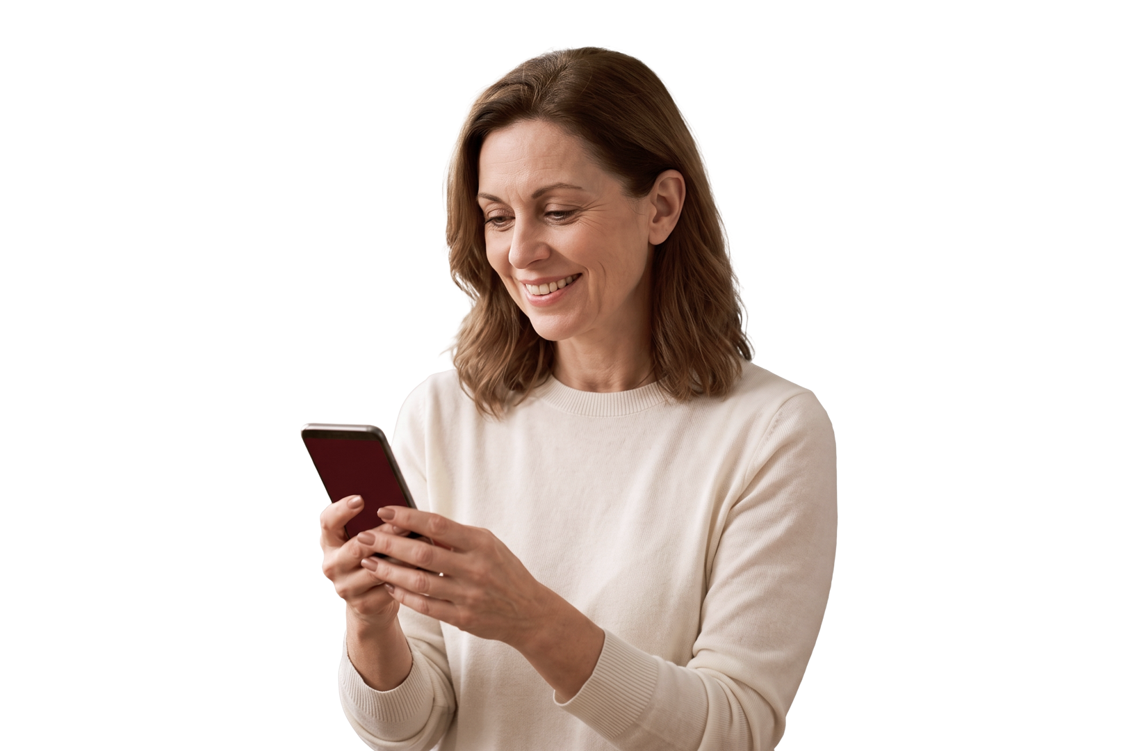 Smiling woman using smartphone on blank background