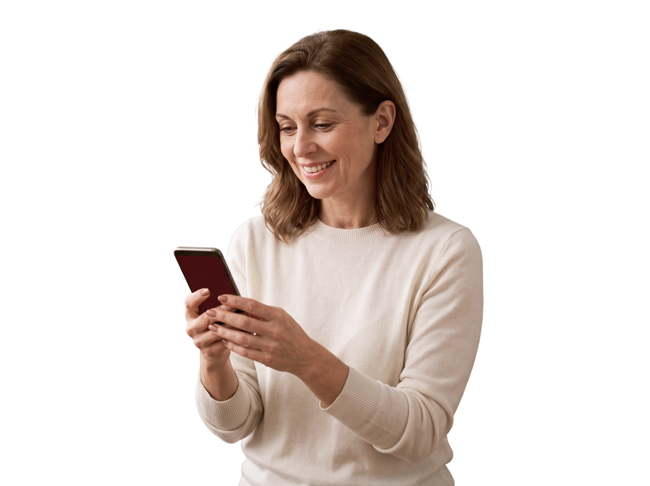 Smiling woman using smartphone on blank background