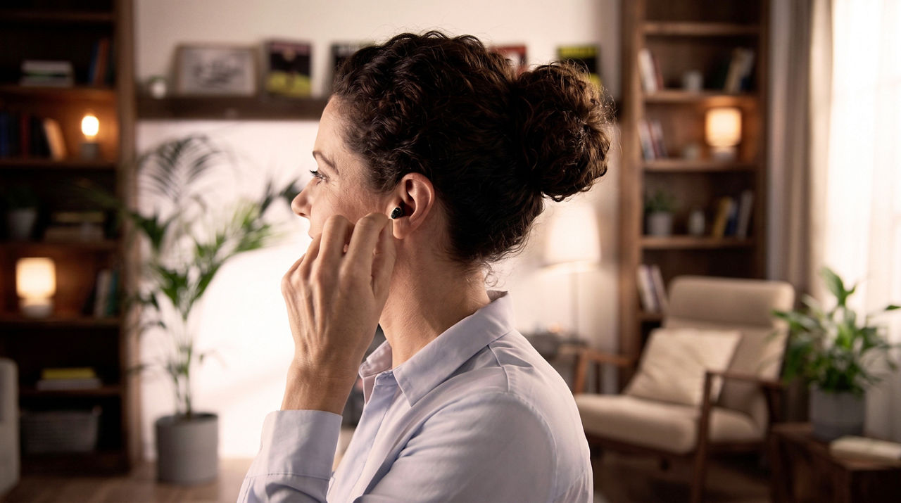 Woman using wireless earbud at home