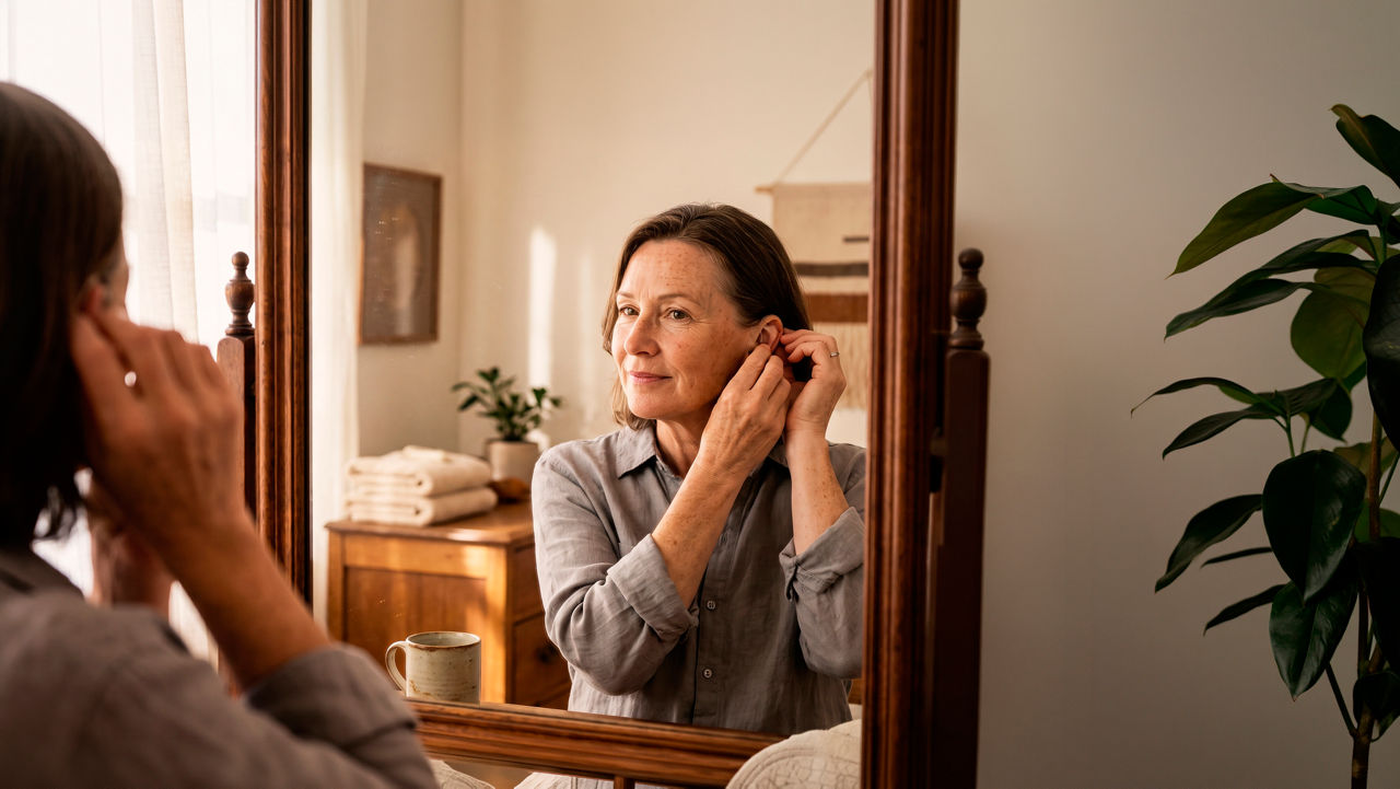 Woman putting on earring in bedroom mirror