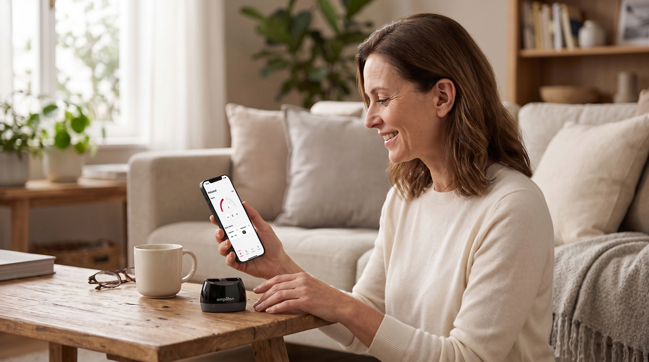 Woman using smartphone app in cozy living room