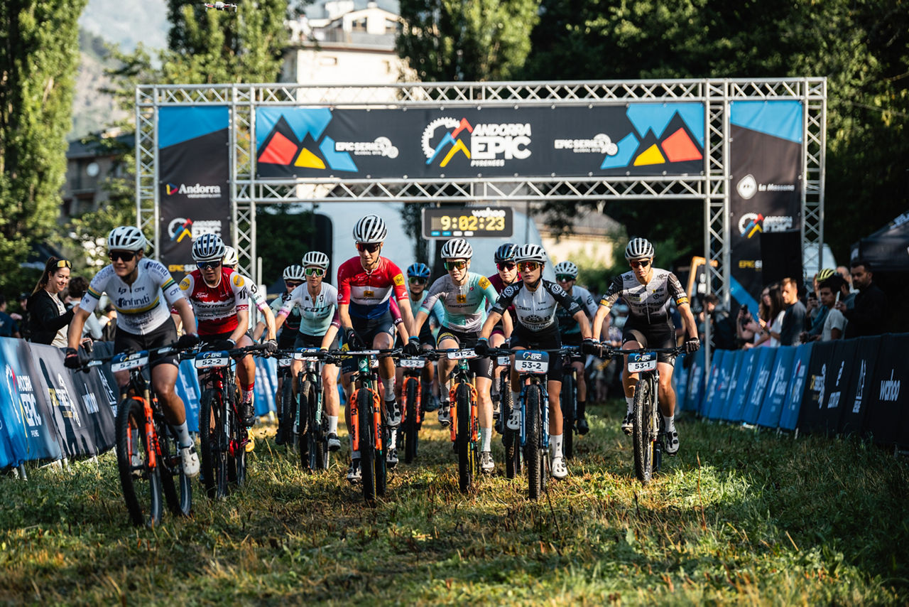 UCI start of stage 1 of the 2025 Andorra Epic stage race from Plaça Fontetes La Massana to La Massana on the 3rd of July 2025, Photo by Carles Iturbe/Andorra Epic