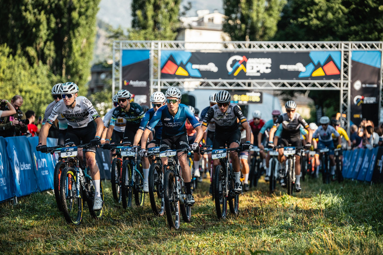 UCI start of stage 1 of the 2025 Andorra Epic stage race from Plaça Fontetes La Massana to La Massana on the 3rd of July 2025, Photo by Carles Iturbe/Andorra Epic