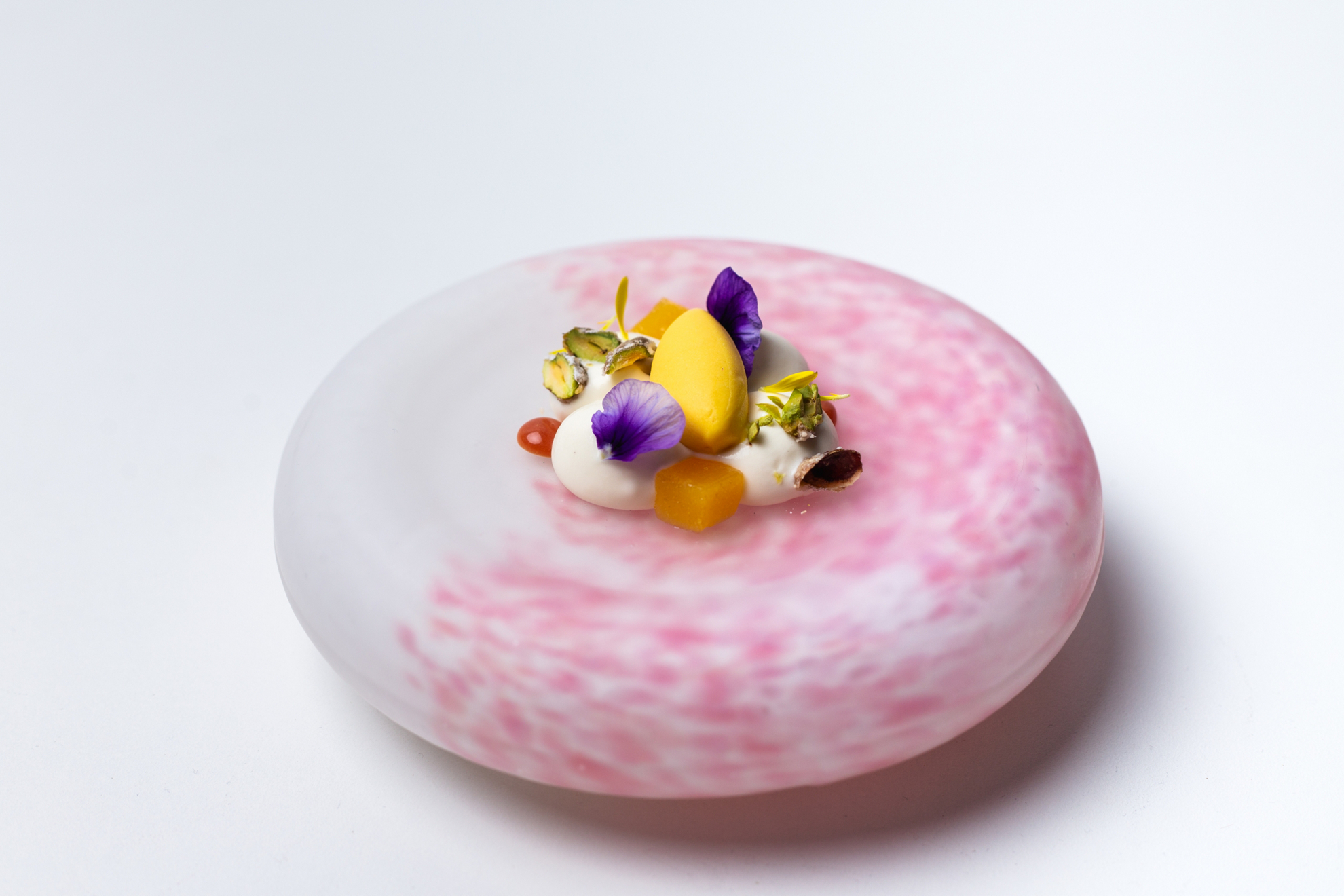 White chocolate, passion fruit, saffron and pistachio ice cream