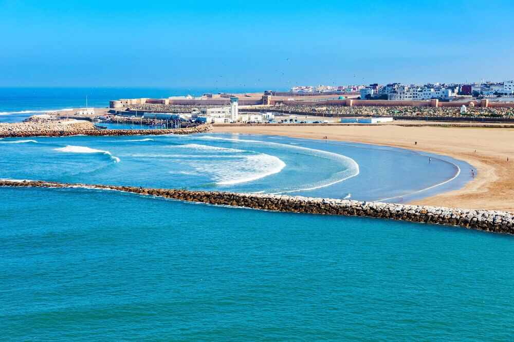 Beaches in Rabat: A bird’s eye view of Rabat beach’s golden sand and blue sea