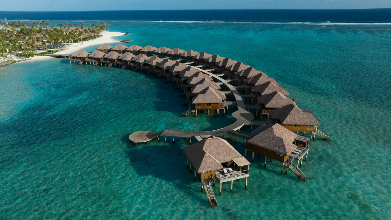 Activities in the Maldives: Bird’s eye view of the Ocean villas at the Barceló Whale Lagoon hotel