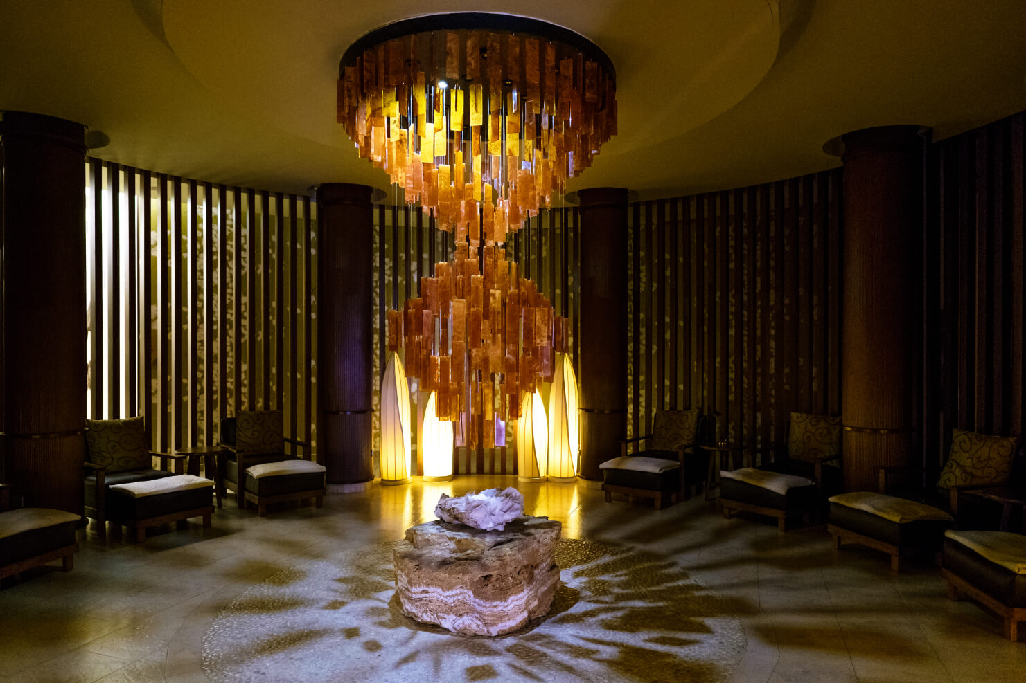 Salon: A fancy hotel spa lobby with a hanging light