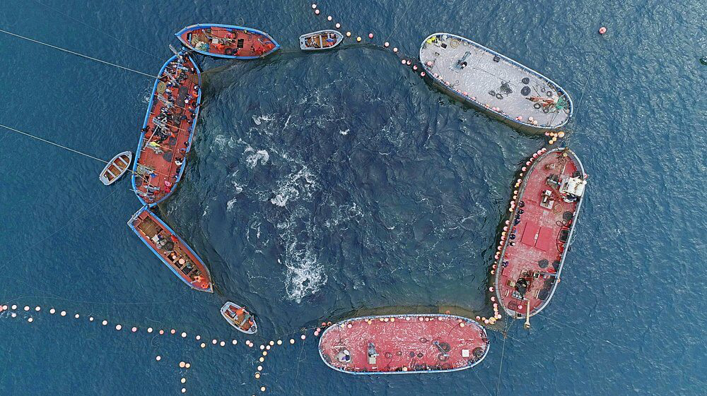 Anordnung der Boote beim Almadraba-Thunfischfang aus der Vogelperspektive.