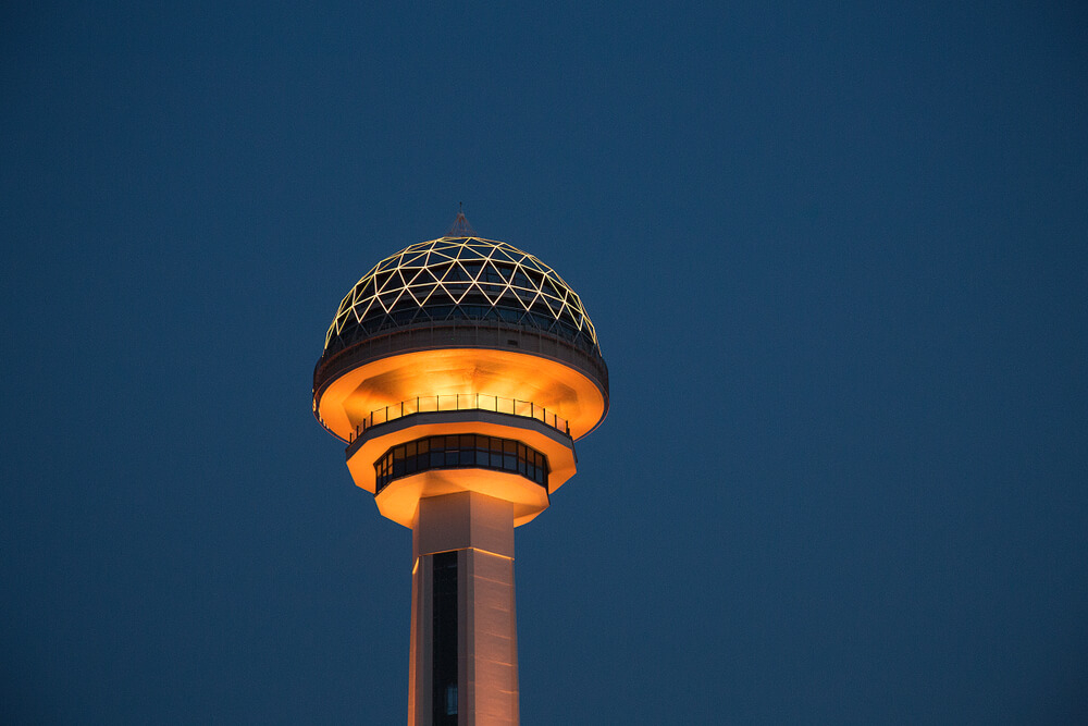 Ankara tourist attractions: A close up of the Atakule Tower lit up at night