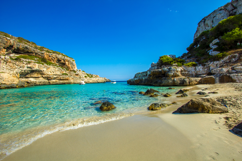 Best Mallorca Beach panorama view of the bay at Cala S'Almunia in Majorca island, Spain Mediterranean Sea, Balearic Islands
