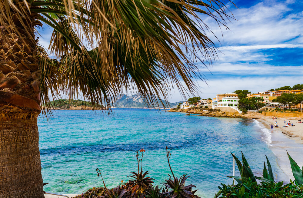 Sant Elm: Mountains, town and coastline framed by shaded foliage