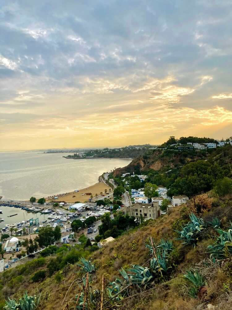 Sidi Bou Said beach: A bird’s-eye view of a small, picturesque beach backed by green cliffs