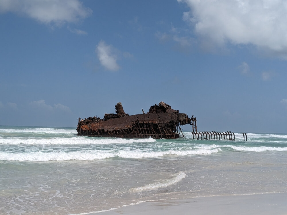 a close-up of the shipwreck at Praia de Atalanta, Boa Vista
