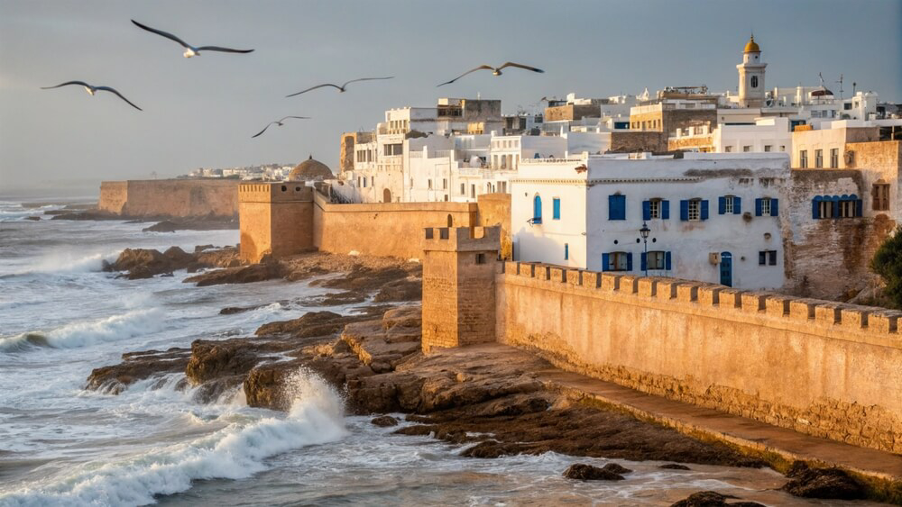 Essaouira: A fortress wall against the Ocean and a white town inside the wall