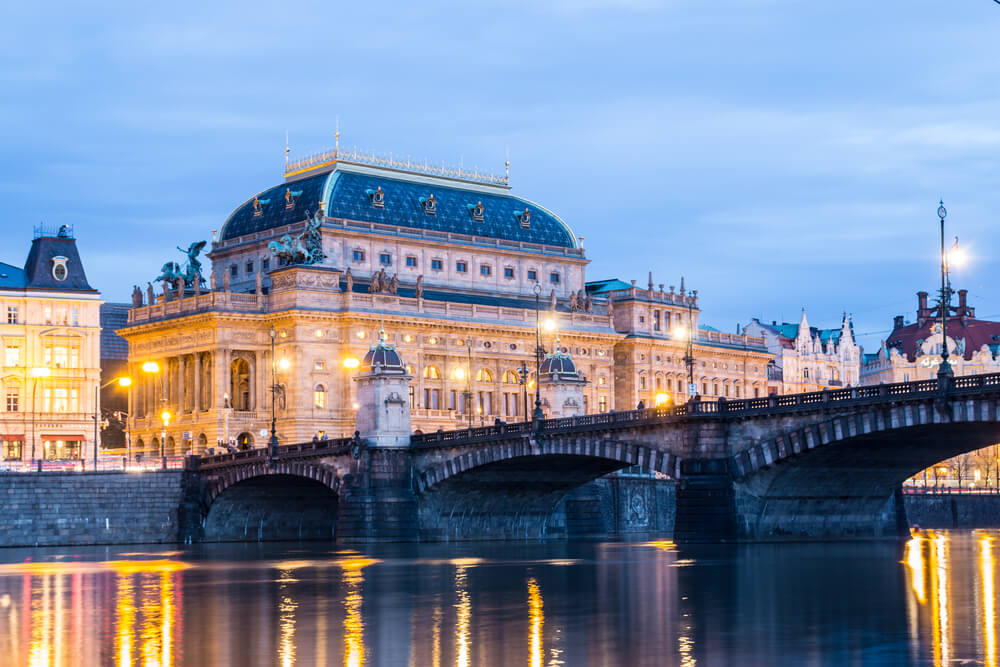 Best places to visit in Prague: a view of the National Theatre from a bridge