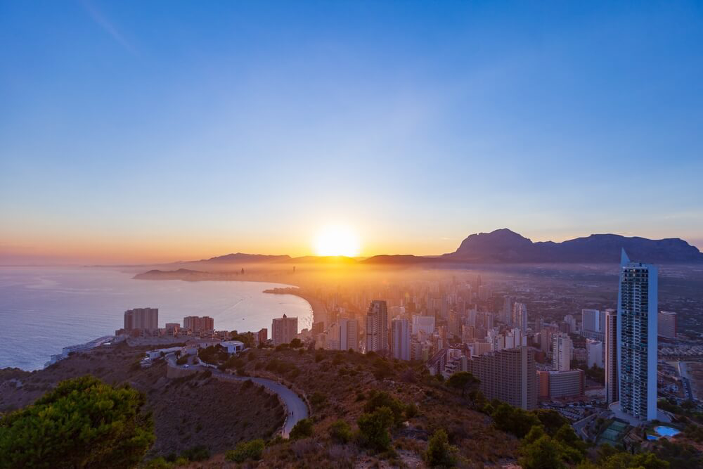 Benidorm: The Benidorm skyline at sunset overlooking the sea