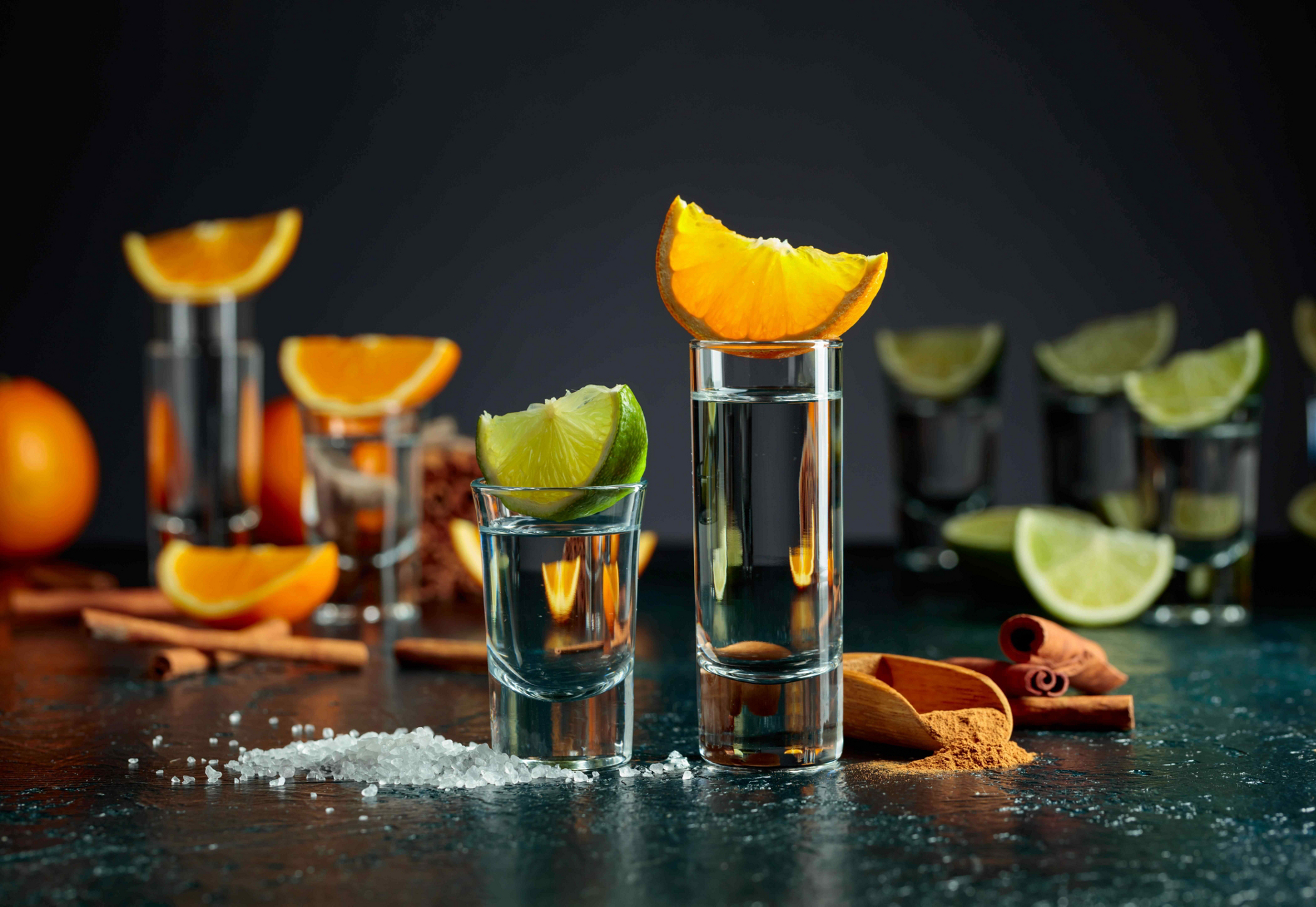 Best tequila in Mexico: Two shot glasses on a table with slices of lime and orange