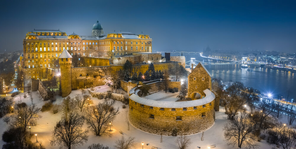 Budapest winter break: Bird’s eye view of the royal palace and river covered in snow