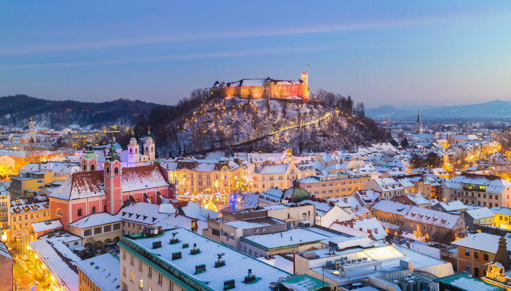 Ljubljana: Bird’s eye view of the snow-covered rooftops of Ljubljana