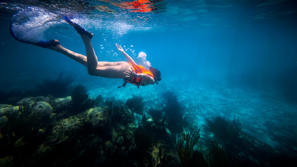 Taucherin in der Unterwasserwelt der Riviera Maya.