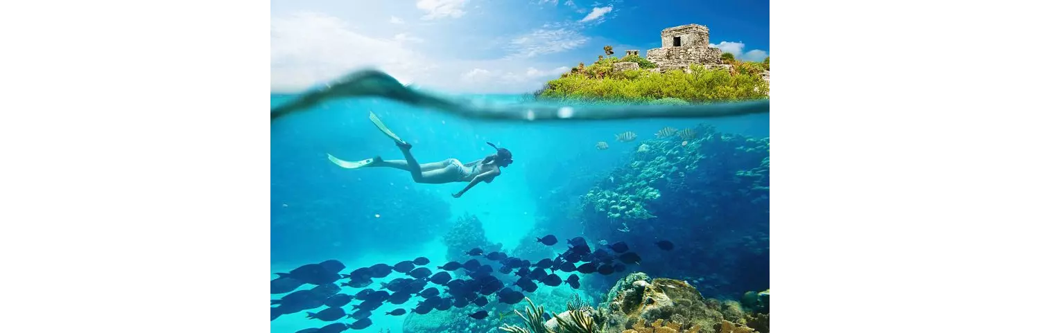 Black Friday Reisen: Unterwasserwelt mit Schnorchlerin und Maya-Ruinen.