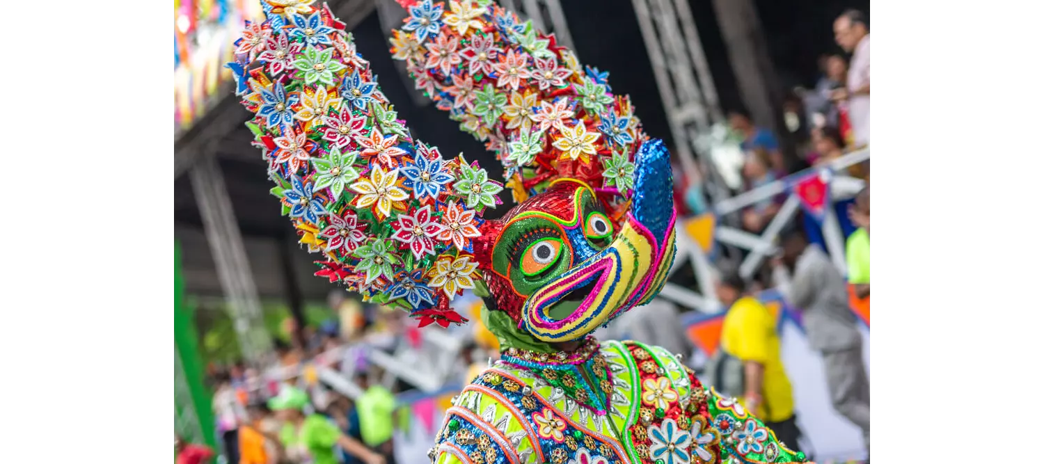Carnival in the Dominican Republic: A man dressed in a diablo cojuelo carnival costume