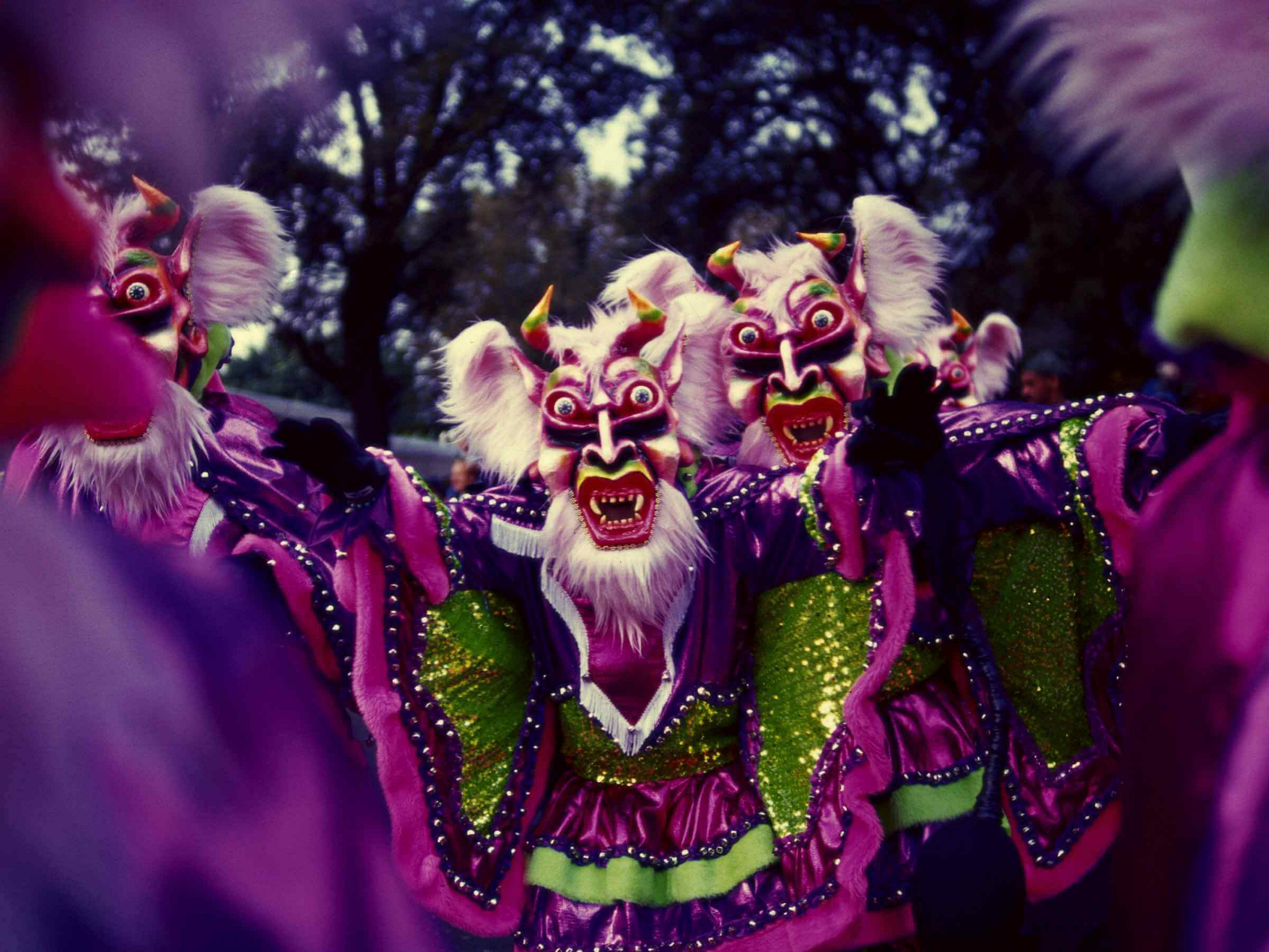 Carnival in the Dominican Republic: A group of people dressed in elaborate purple costumes and masks