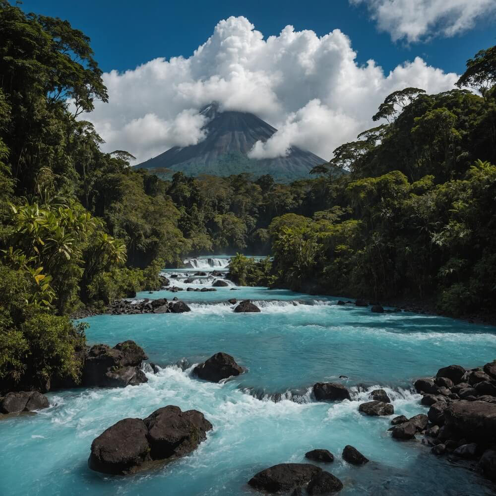 Costa Rica Nationalparks: Der Río Celeste mit dem Vulkan Tenorio im Hintergrund.
