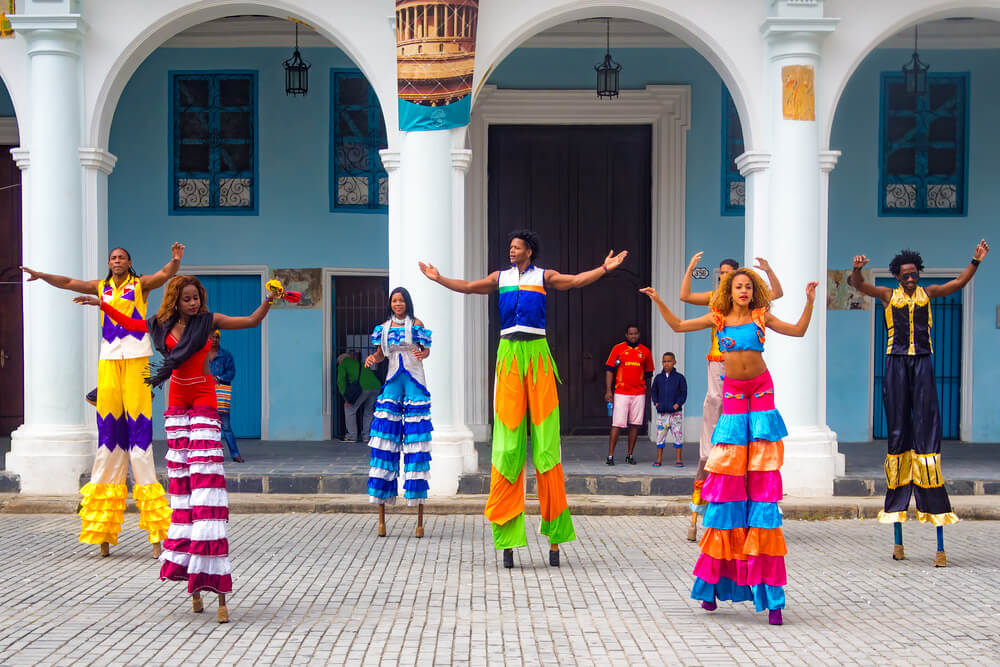 Havana: A group of Cuban street performers in Havana on stilts