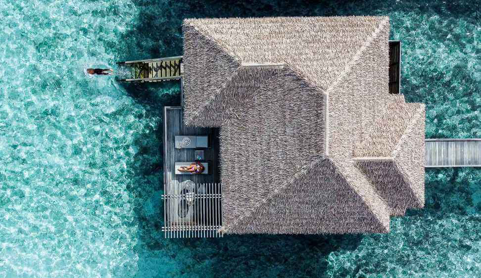 A bird’s eye view of the sea bungalows at Barceló Whale Lagoon, Maldives