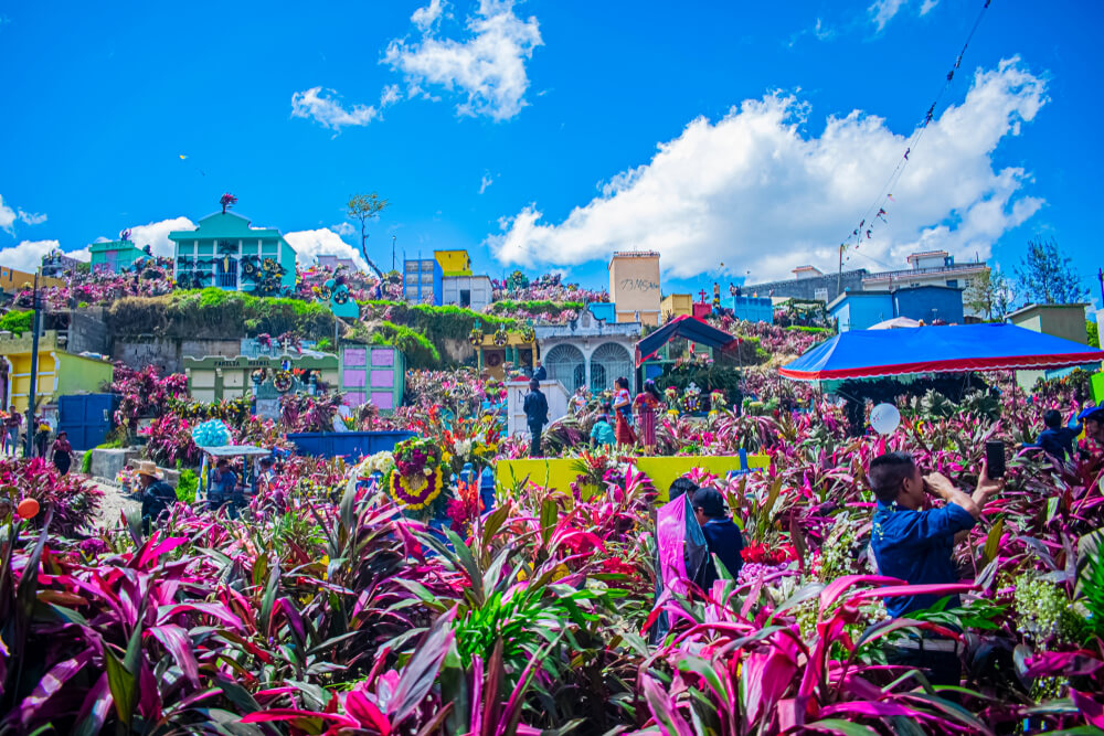 Day of the Dead in different cultures: Brightly coloured cemetery in Nicaragua filled with plants