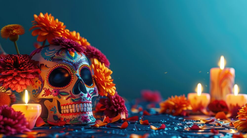 A colorful calavera draped in marigolds for Day of the Dead in Mexico.