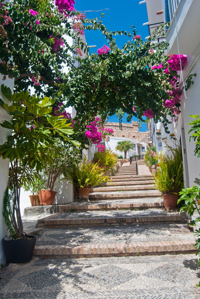 Day trips from Málaga: A traditional cobbled street with stairs between white buildings
