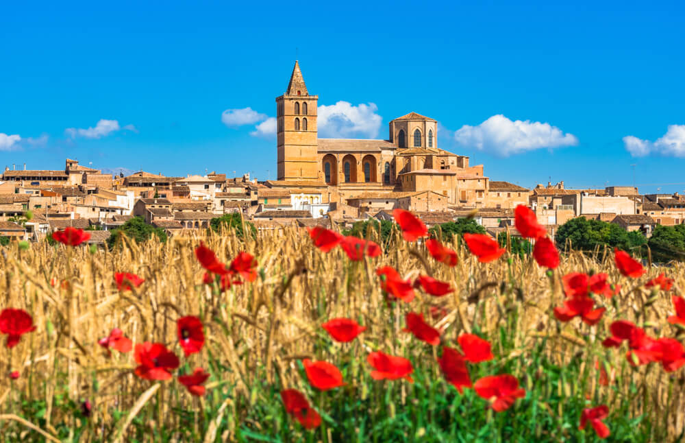 Das Dorf Sineu auf Mallorca mit einem Feld mit Mohnblumen im Vordergrund.